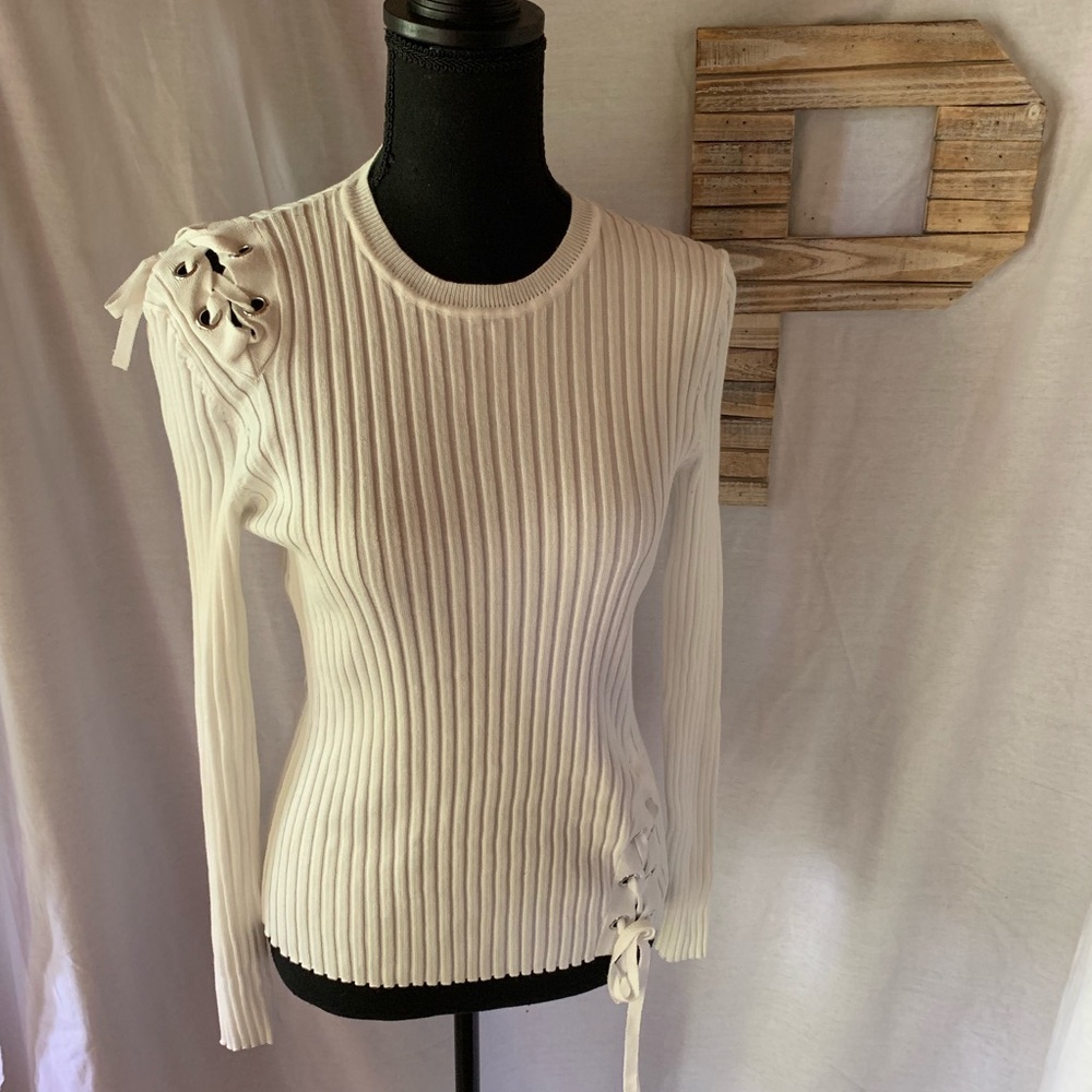 Cream white lace tie sweater